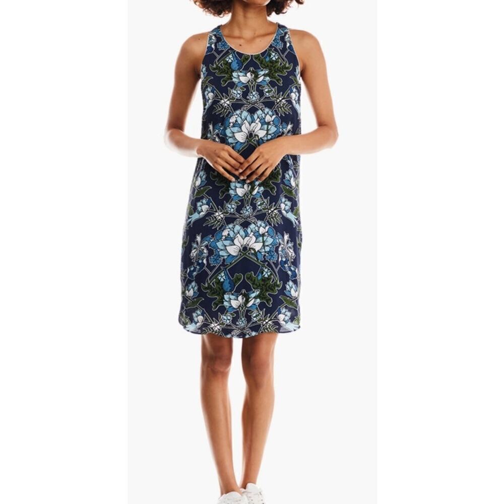 Massimo Dutti Navy Blue Botanical Floral Scoop Neck Shift Dress, 4